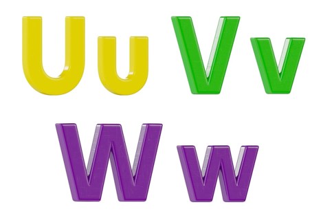 Colorful angled uppercase and lowercase magnetic plastic letters U through W isolated on a white