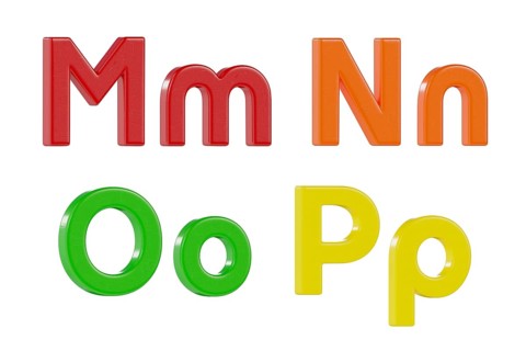 Colorful angled uppercase and lowercase magnetic plastic letters M through P isolated on a white
