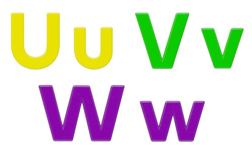 Colorful flat uppercase and lowercase magnetic plastic letters U through W isolated on a white