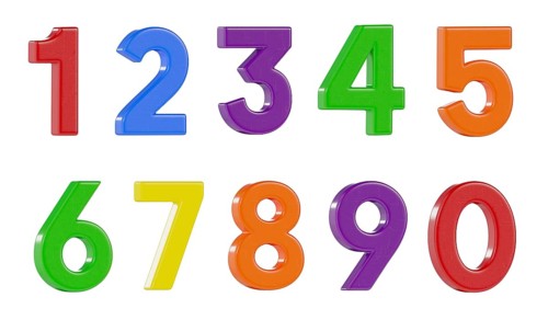 Colorful angled magnetic plastic numbers zero through nine isolated on a white background