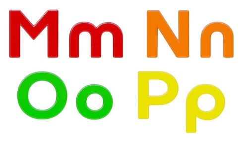 Colorful flat uppercase and lowercase magnetic plastic letters M through P isolated on a white