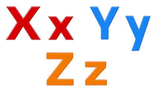 Colorful flat uppercase and lowercase magnetic plastic letters X through Z isolated on a white