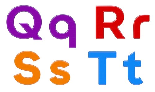 Colorful flat uppercase and lowercase magnetic plastic letters Q through T isolated on a white