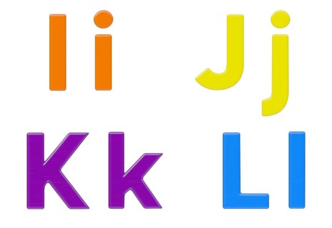 Colorful flat uppercase and lowercase magnetic plastic letters I through L isolated on a white