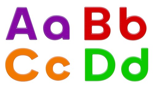 Colorful flat uppercase and lowercase magnetic plastic letters A through D isolated on a white
