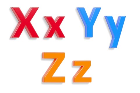 Colorful angled uppercase and lowercase magnetic plastic letters X through Z with drop shadows
