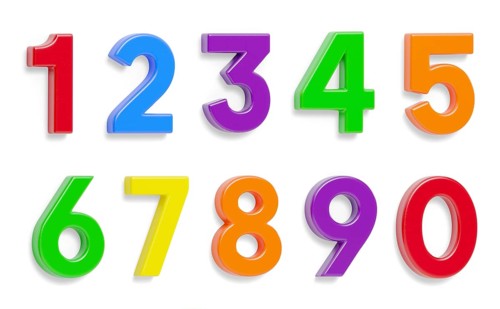Colorful flat magnetic plastic numbers set zero through nine with drop shadows isolated on a white