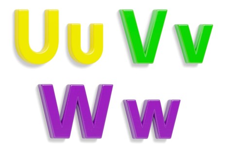 Colorful angled uppercase and lowercase magnetic plastic letters U through W with drop shadows