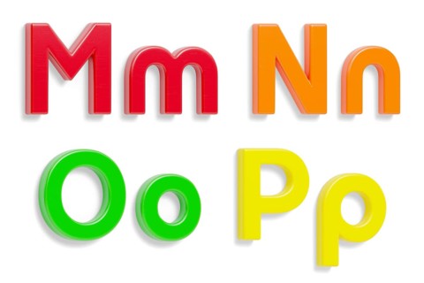 Colorful angled uppercase and lowercase magnetic plastic letters M through P with drop shadows