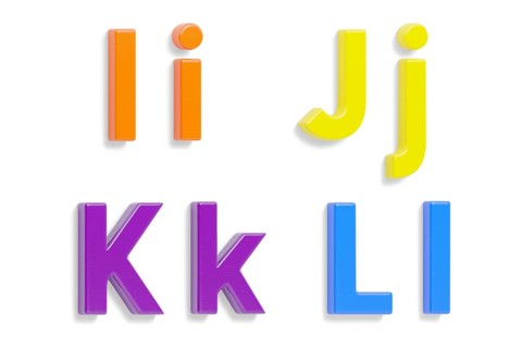 Colorful angled uppercase and lowercase magnetic plastic letters I through L with drop shadows