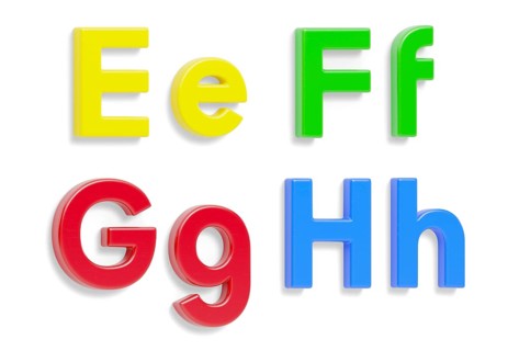 Colorful angled uppercase and lowercase magnetic plastic letters E through H with drop shadows