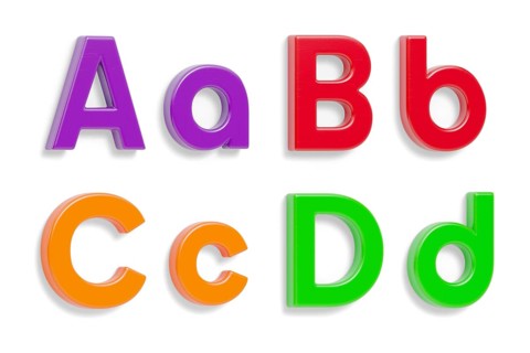 Colorful angled uppercase and lowercase magnetic plastic letters A through D with drop shadows