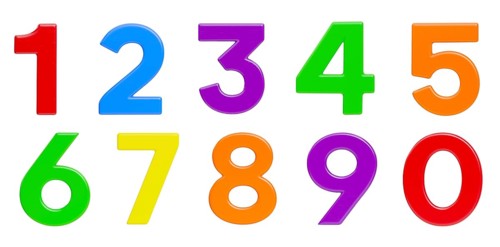Colorful flat magnetic plastic numbers zero through nine isolated on a white background