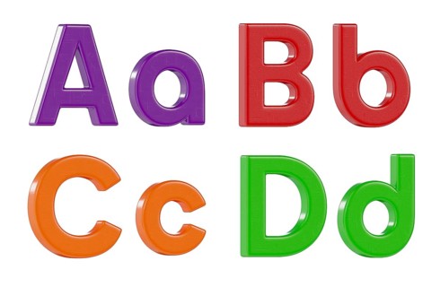 Colorful angled uppercase and lowercase magnetic plastic letters A through D isolated on a white