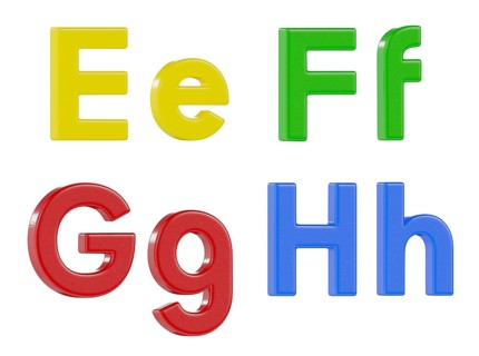 Colorful angled uppercase and lowercase magnetic plastic letters E through H isolated on a white