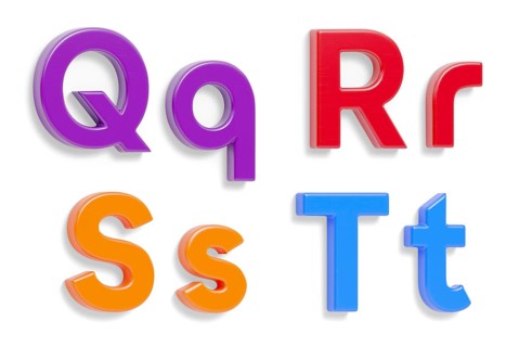 Colorful angled uppercase and lowercase magnetic plastic letters Q through T with drop shadows