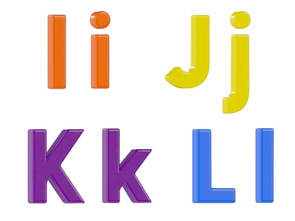 Colorful angled uppercase and lowercase magnetic plastic letters I through L isolated on a white
