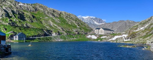 Panoramic photo of mountain lake Alpine lake Lac du Grand Gd Saint St Bernard, on the left Swiss