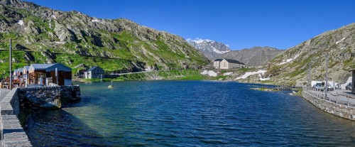 Panoramic photo of mountain lake Alpine lake Lac du Grand Gd Saint St Bernard, on the left souvenir
