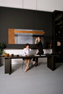 Two women engage in a productive meeting in a sleek office environment. One is seated at a desk,