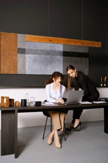 Two women engage in a business discussion in a stylish office. One woman is seated at a desk with a