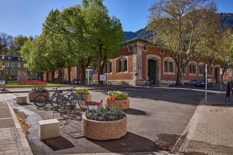 Historic buildings, bicycle stand, bicycle, flower pots, trees, backlight, blue sky, cloudless,