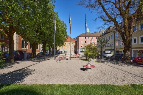 Square, general architecture, flagpoles, flags, trees, lawn, blue sky, cloudless, Unterer