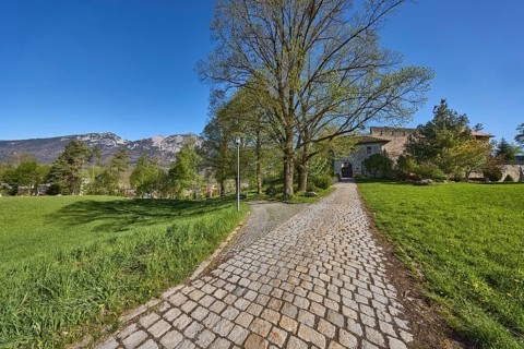 Castle Gruttenstein, mountains, footpath, cobblestones, lantern, entrance, trees, lawn, blue sky,