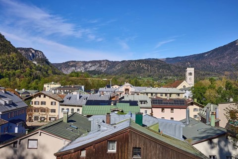 Long shot, historic old town, bird's eye view, historic buildings, church, St. Nicholas, trees,