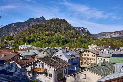Long shot, historic old town, bird's eye view, mountain landscape, landscape photography,