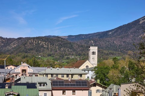 Old town, historic buildings, trees, mountain landscape, mountains, forest, church, St. Nicholas,