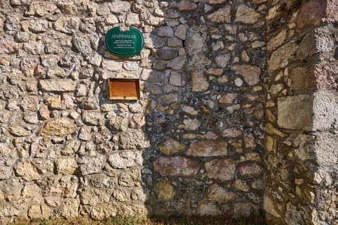 Town wall, town fortification, signpost to the building, sunny, Forstamtstraße, Bad Reichenhall,