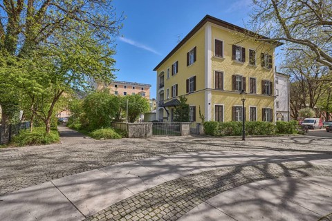 Square, cobblestones, natural stone slabs, trees, houses, general architecture, shadow, backlight,