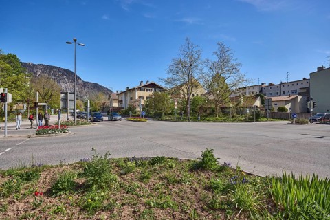 Streets, lantern, trees, general architecture, mountain landscape, mountains, flower bed, blue sky,