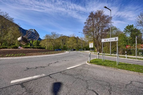 Salt works roundabout, stainless steel sculpture salt shaker, signpost to the salt works, streets,