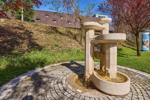Stone fountain, fountain, cobblestones, trees, meadow, blue sky, cloudless, Anton-Winkler-Straße,