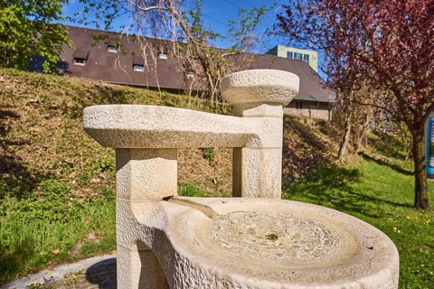 Stone fountain, fountain, trees, meadows, depth of field, blue sky, cloudless,