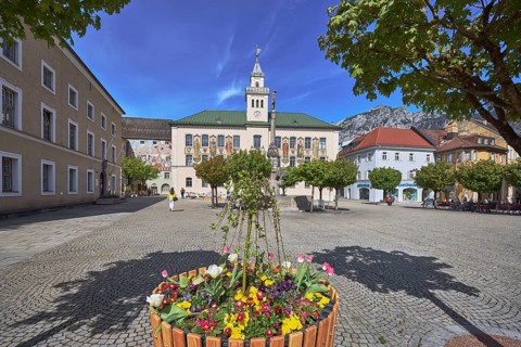 Square, cobblestones, trees, general development, historic town hall, flower pots, mountain