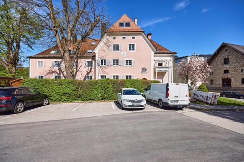 Residential building, residential house, trees, hedge, parking boxes, vehicles, blue sky,