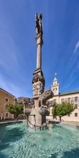 Wittelsbacherbrunnen, fountain, sculptor Karl Killer, historic town hall, trees, blue sky,