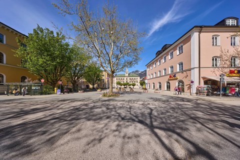 Square, historic town hall, trees, general buildings, pedestrians as secondary motif, shadow, blue