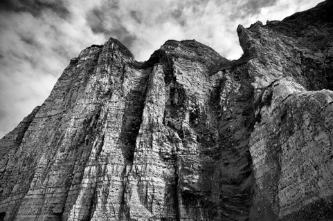 Cliff, cliffs, coastal landscape, rock formation, cloudy sky, black and white, Yport, chalk cliffs,