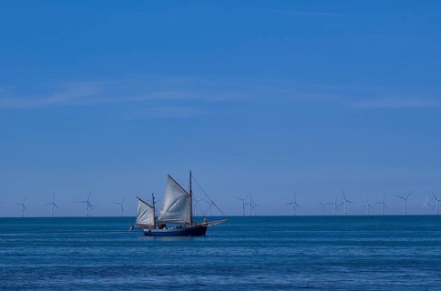 Tourist boat, sailing boat, sailing on sea, sky, blue, behind offshore wind farm, wind turbines,