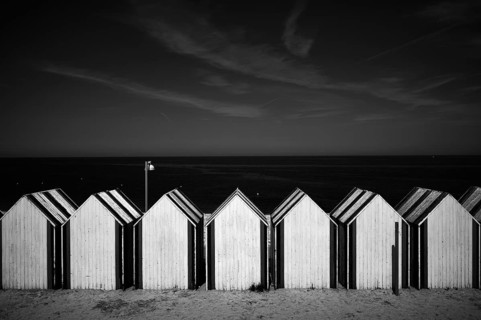 Bathing huts, beach huts, beach cabins, bathing cabins, cabins, sea, sky, black and white, Yport,
