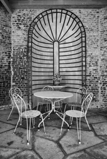 Seating area, seating group, rusty chairs, table, morbid, Maison Maurice Leblanc, museum in the