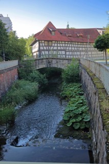 Armoury museum built in 1668, half-timbered house, back, bridge over the Lauter, stream, Suhl,