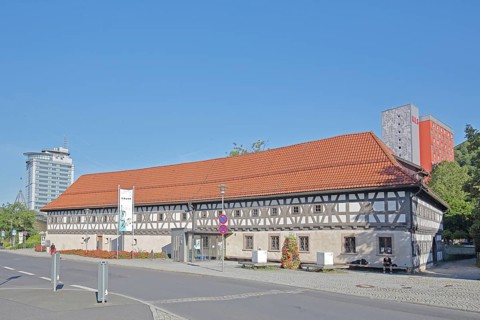 Armoury museum built in 1668, half-timbered house, museum, modern high-rise city hotel, Suhl,