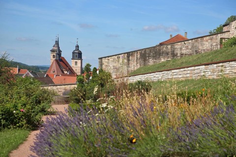 Terraced garden and St George's Church, flower bed, ornamental garden, Schmalkalden, Franconia,