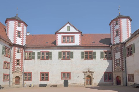 Inner courtyard of the Renaissance Wilhelmsburg Castle with corner turrets, Schmalkalden,
