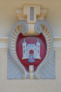 City coat of arms with volutes, detail, primary school, Schmalkalden, Franconia, Thuringia, Germany